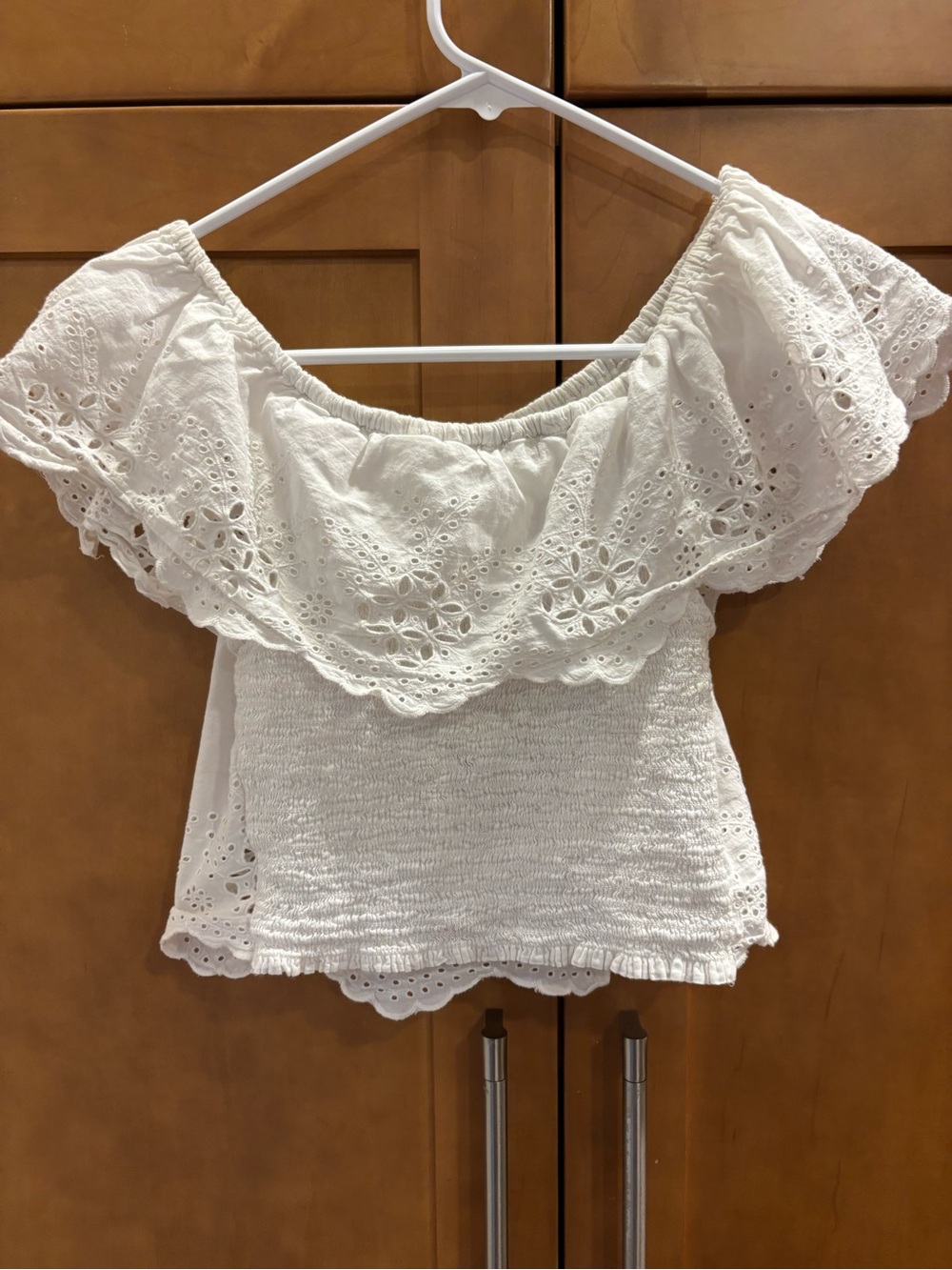 M. Frederic Off-Shoulder Eyelet Ruffle Top